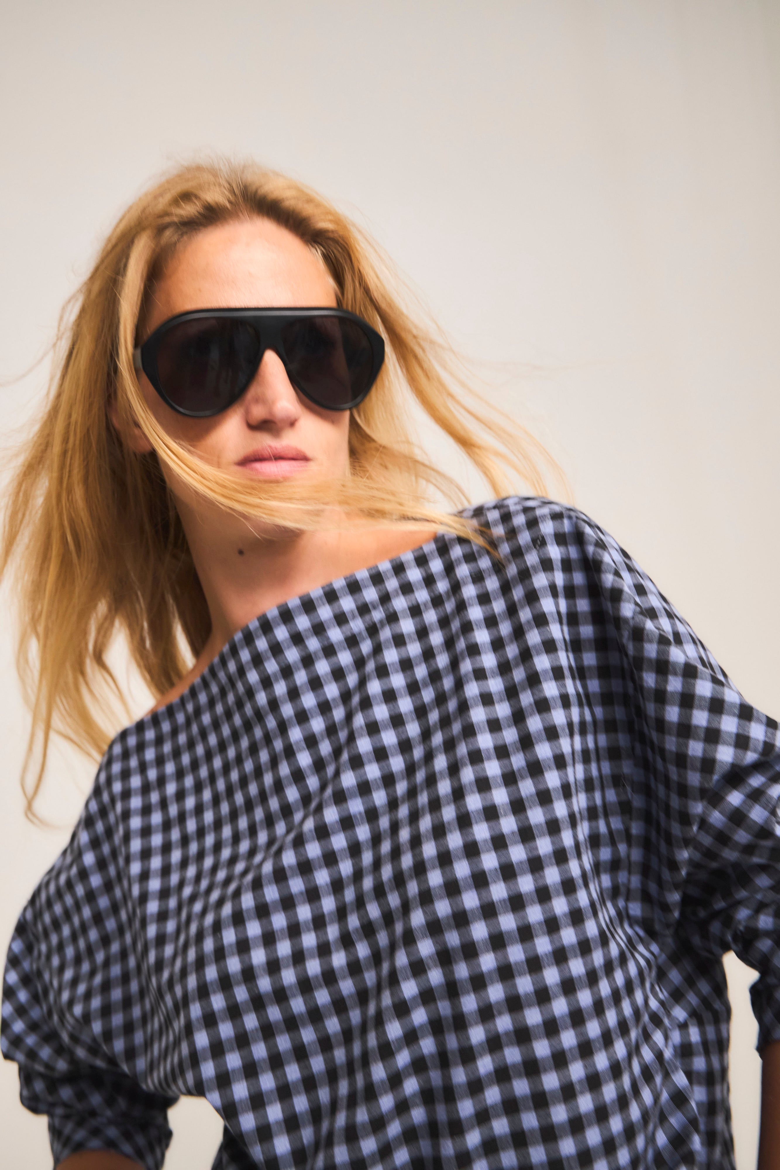 Blusa Trame 100% Algodón Cuadrillé Celeste