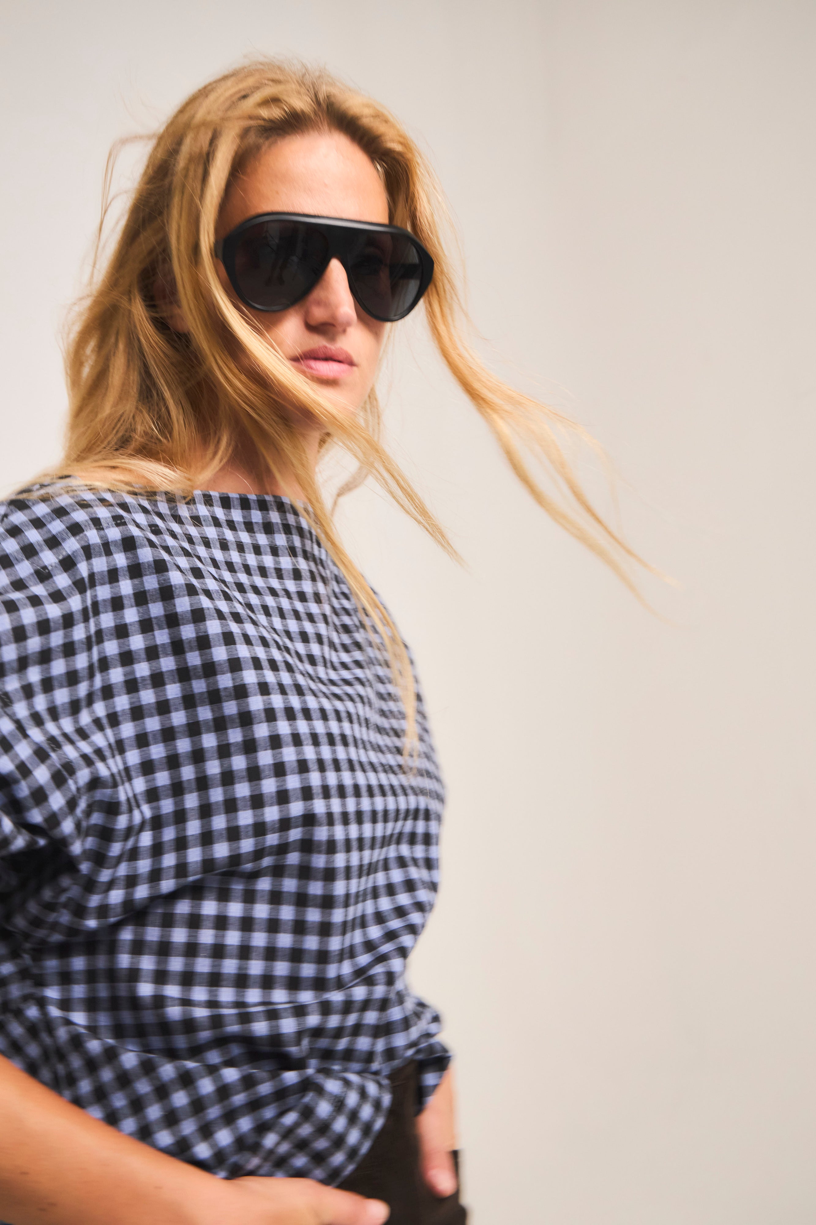 Blusa Trame 100% Algodón Cuadrillé Celeste