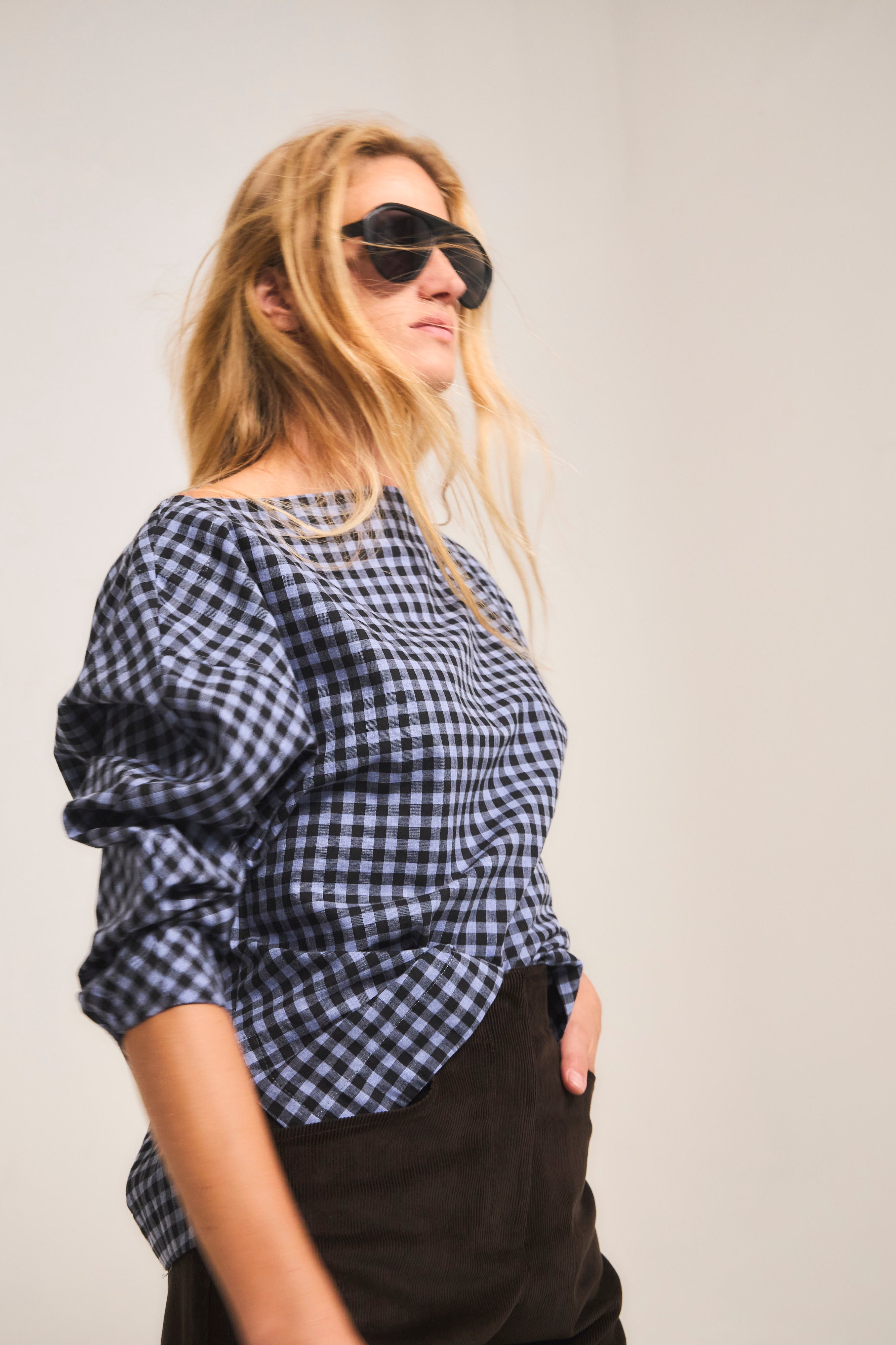 Blusa Trame 100% Algodón Cuadrillé Celeste