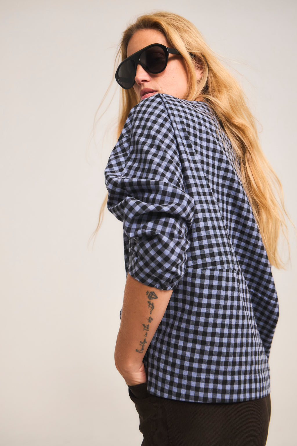 Blusa Trame 100% Algodón Cuadrillé Celeste