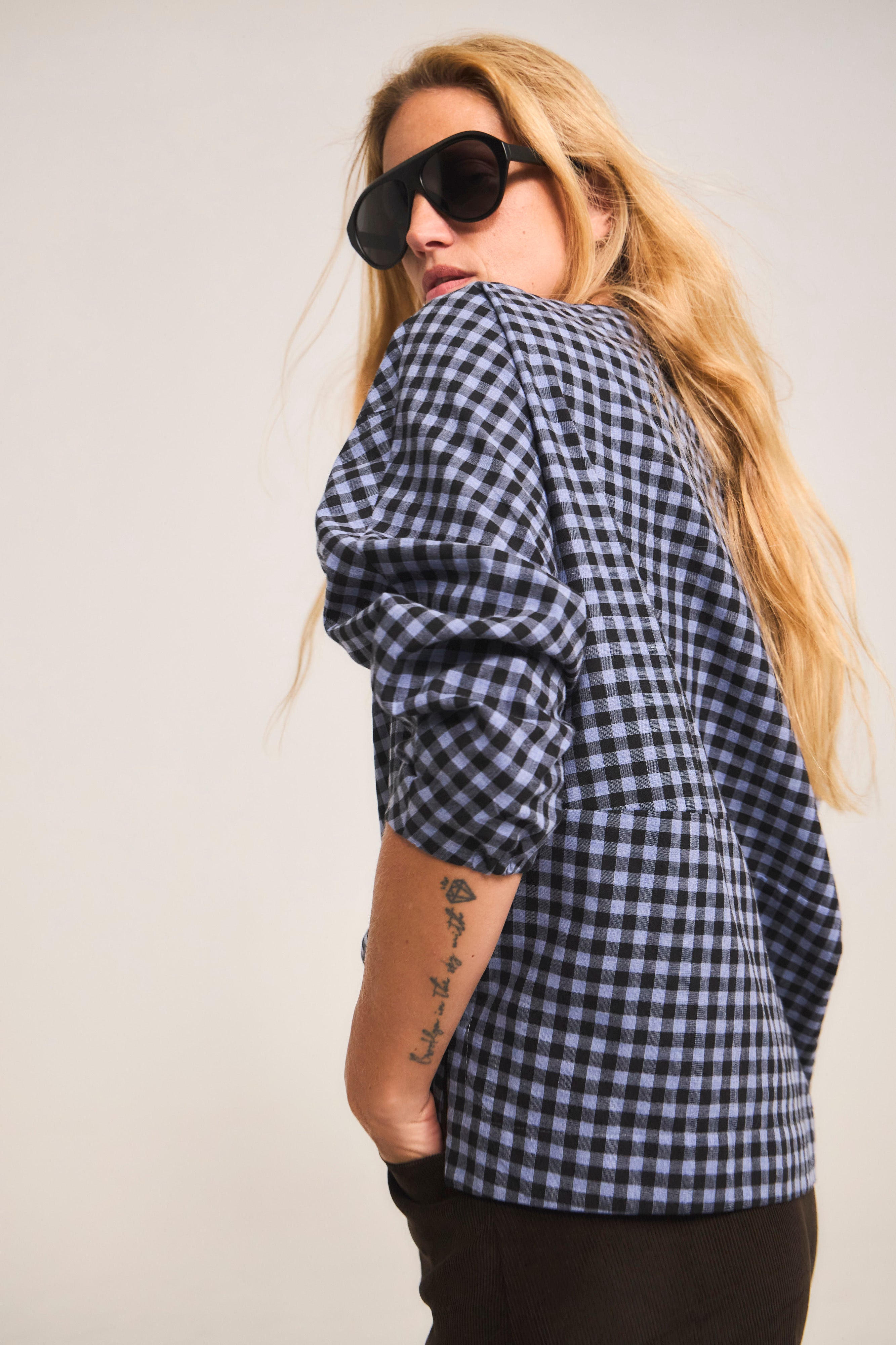Blusa Trame 100% Algodón Cuadrillé Celeste