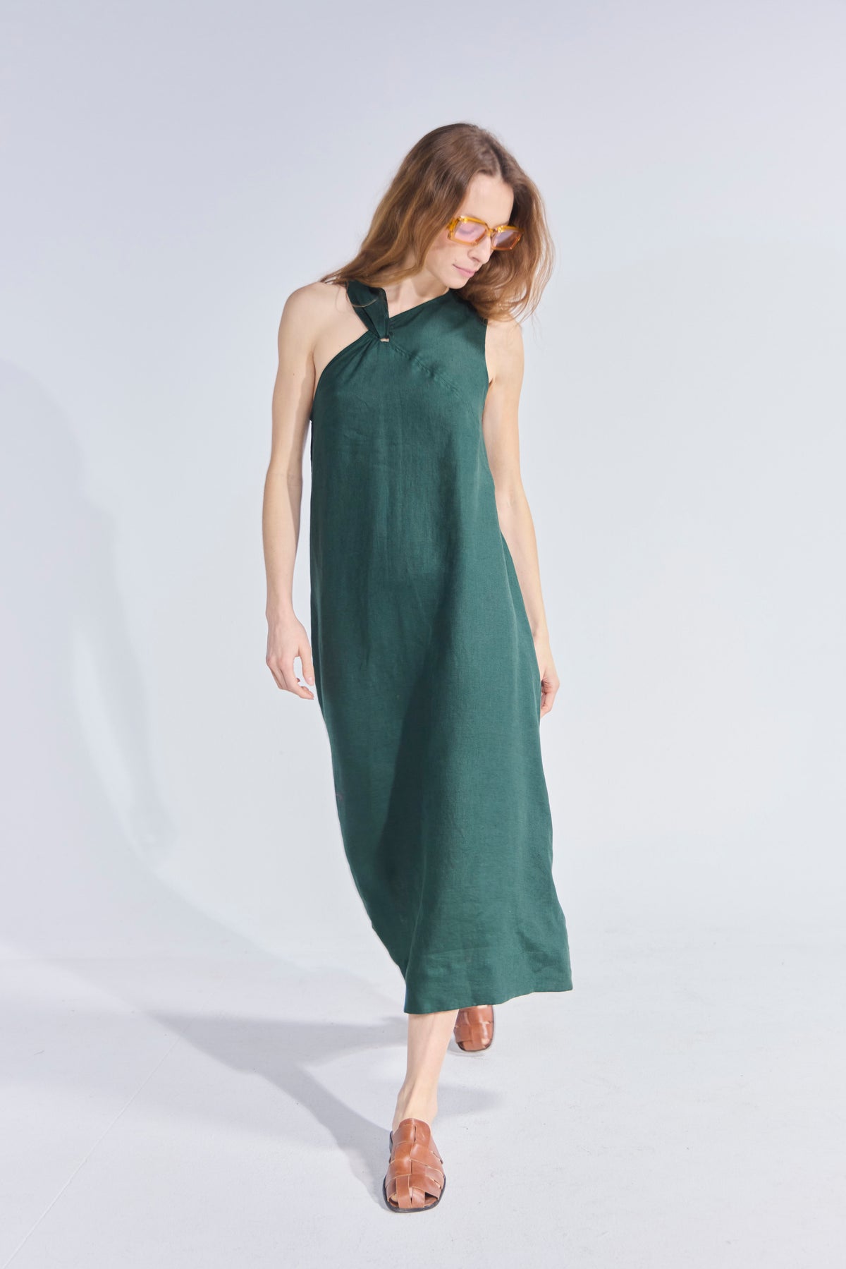Vestido Croise 100% Lino Verde Bosque