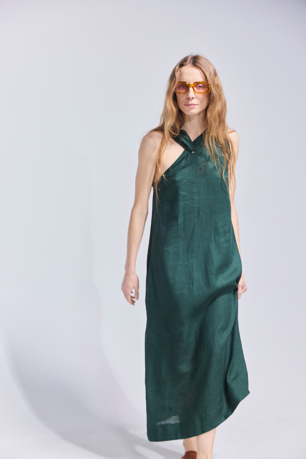 Vestido Croise 100% Lino Verde Bosque