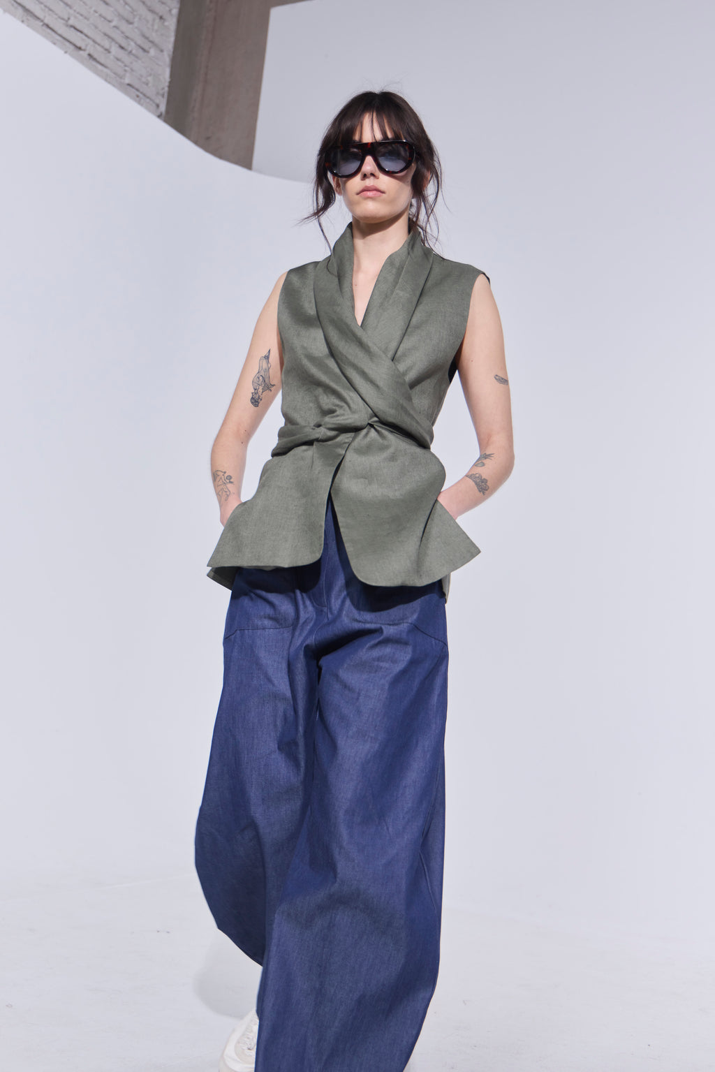 Blazer Sin Mangas Foulard 100% Lino Verde