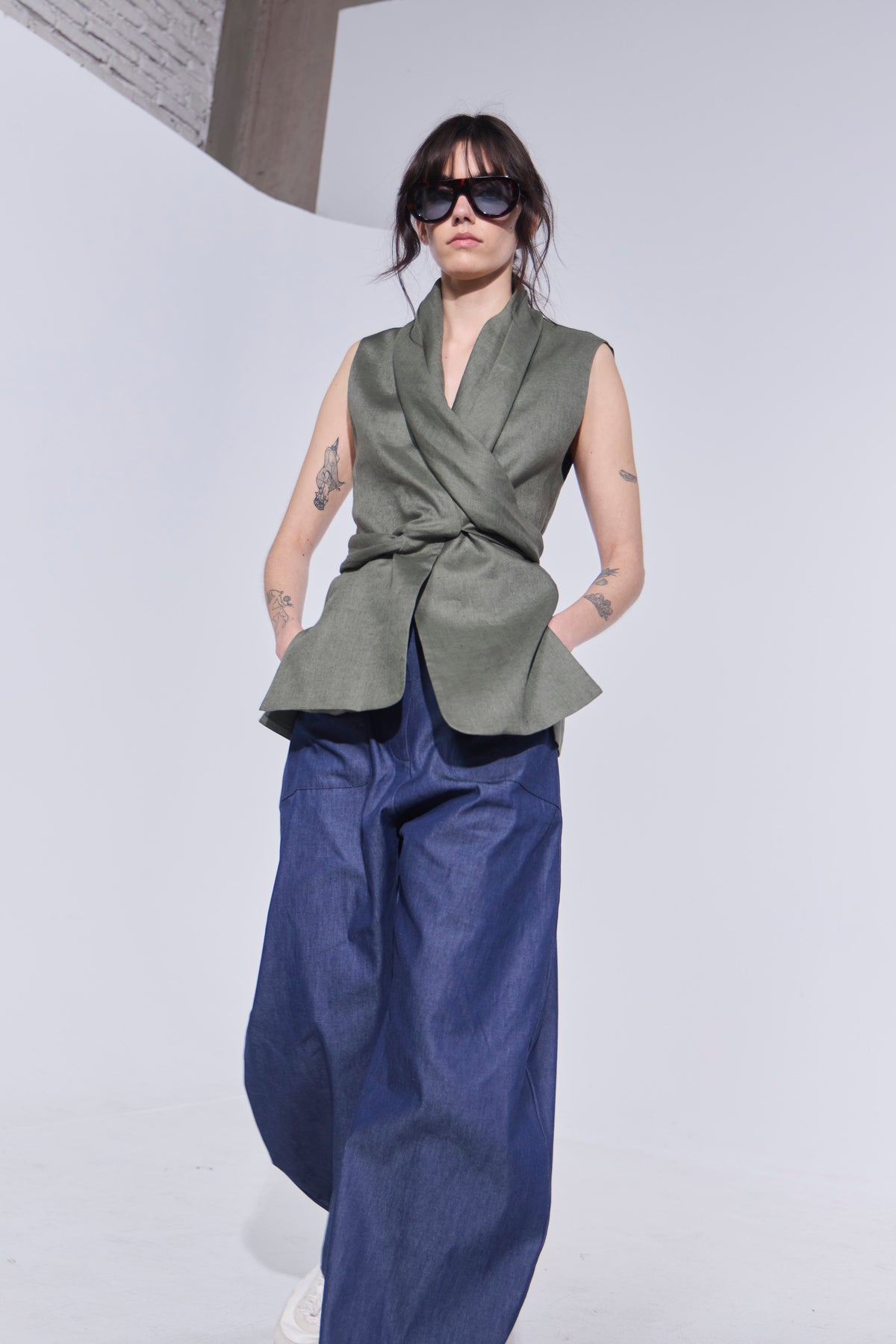 Blazer Sin Mangas Foulard 100% Lino Verde