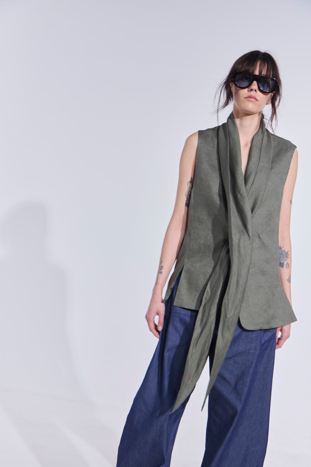 Blazer Sin Mangas Foulard 100% Lino Verde