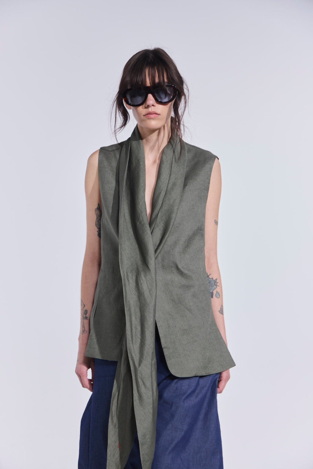 Blazer Sin Mangas Foulard 100% Lino Verde
