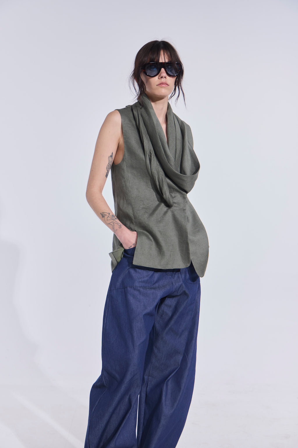Blazer Sin Mangas Foulard 100% Lino Verde