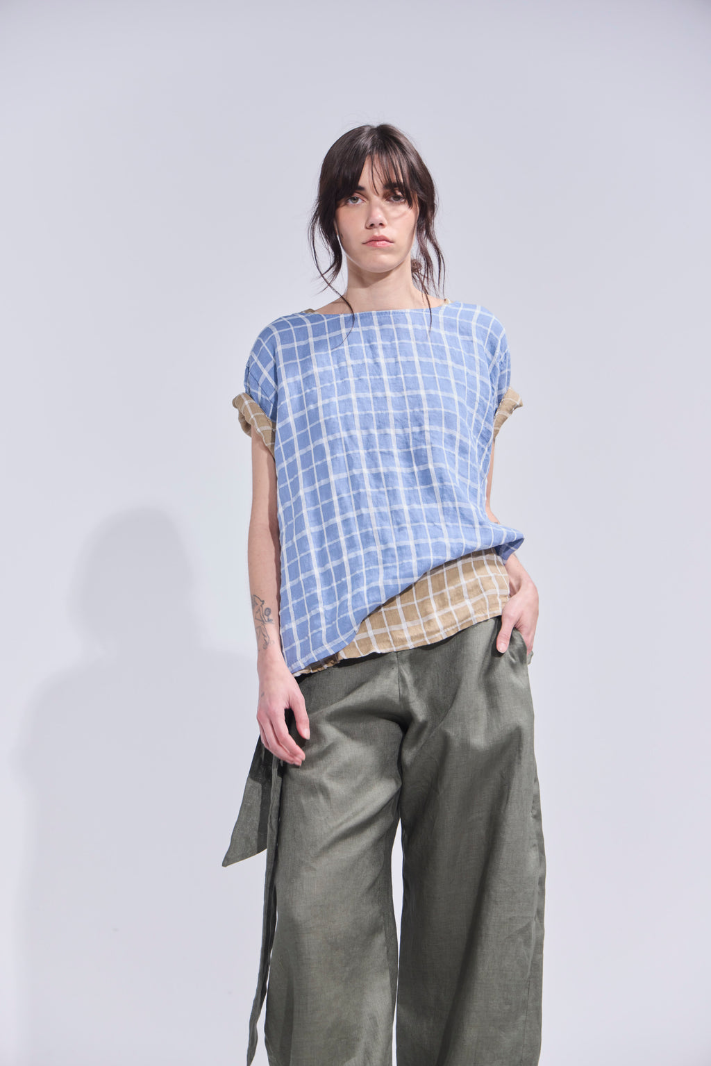 Top Prissé 100% Lino Escocés Azul