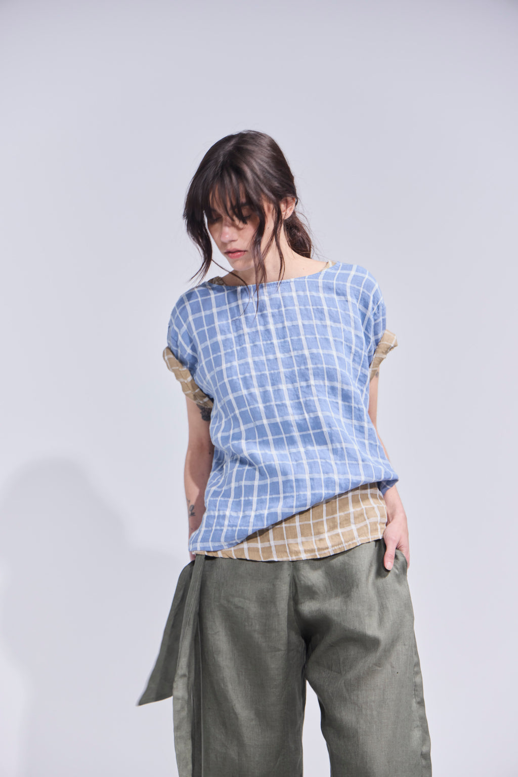 Top Prissé 100% Lino Escocés Azul