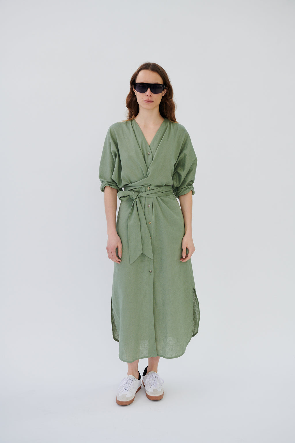 Vestido Louvre Lino Rústico Verde Salvia