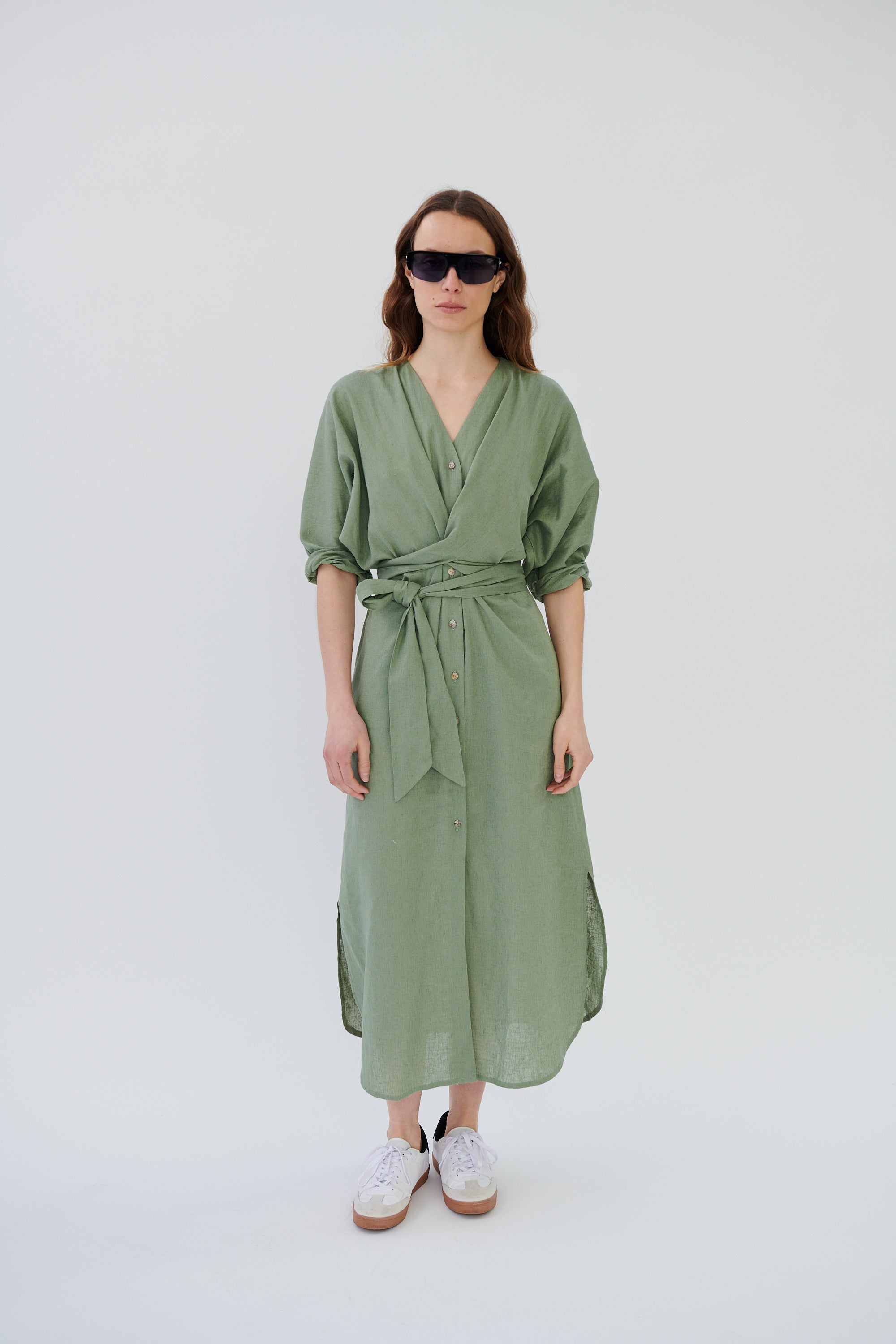 Vestido Louvre Lino Rústico Verde Salvia