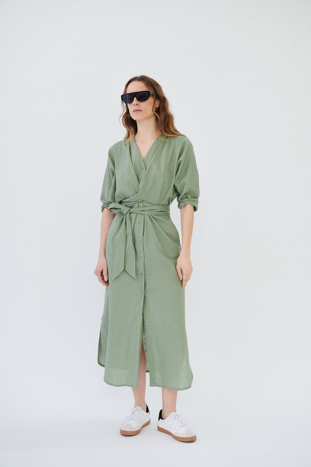 Vestido Louvre Lino Rústico Verde Salvia