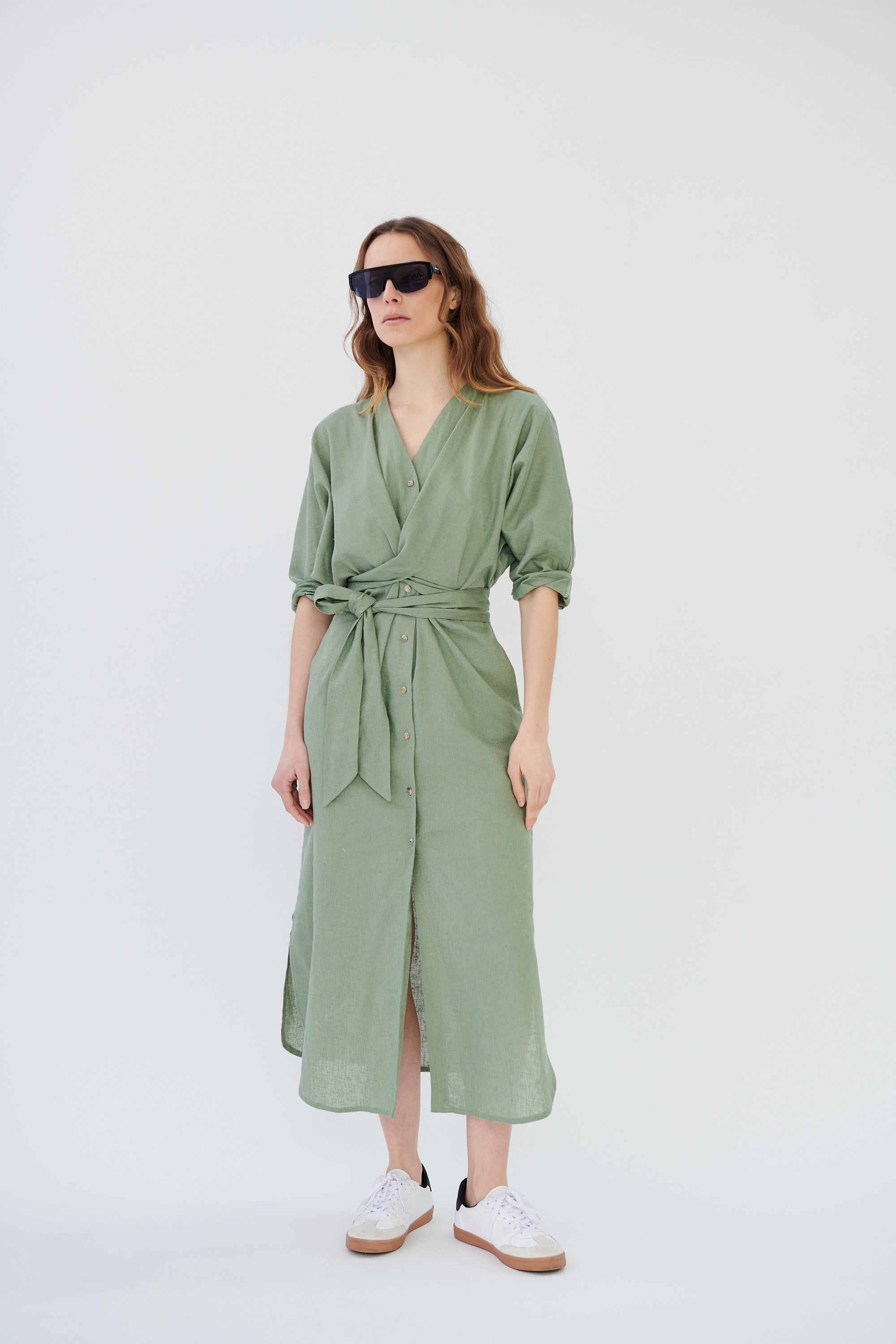 Vestido Louvre Lino Rústico Verde Salvia