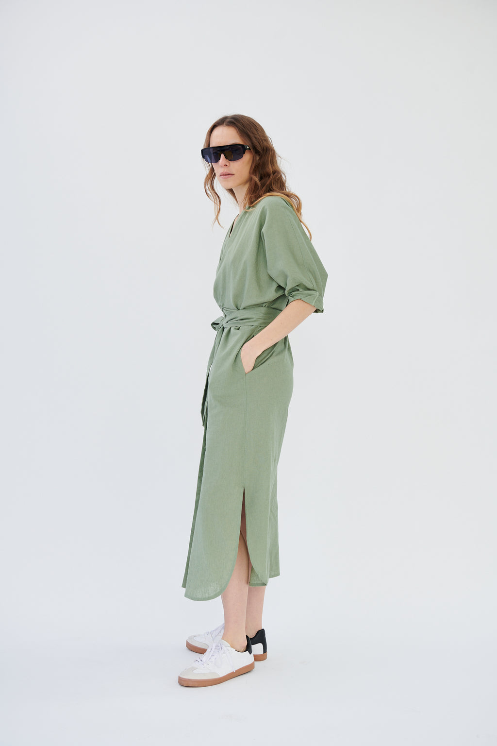 Vestido Louvre Lino Rústico Verde Salvia