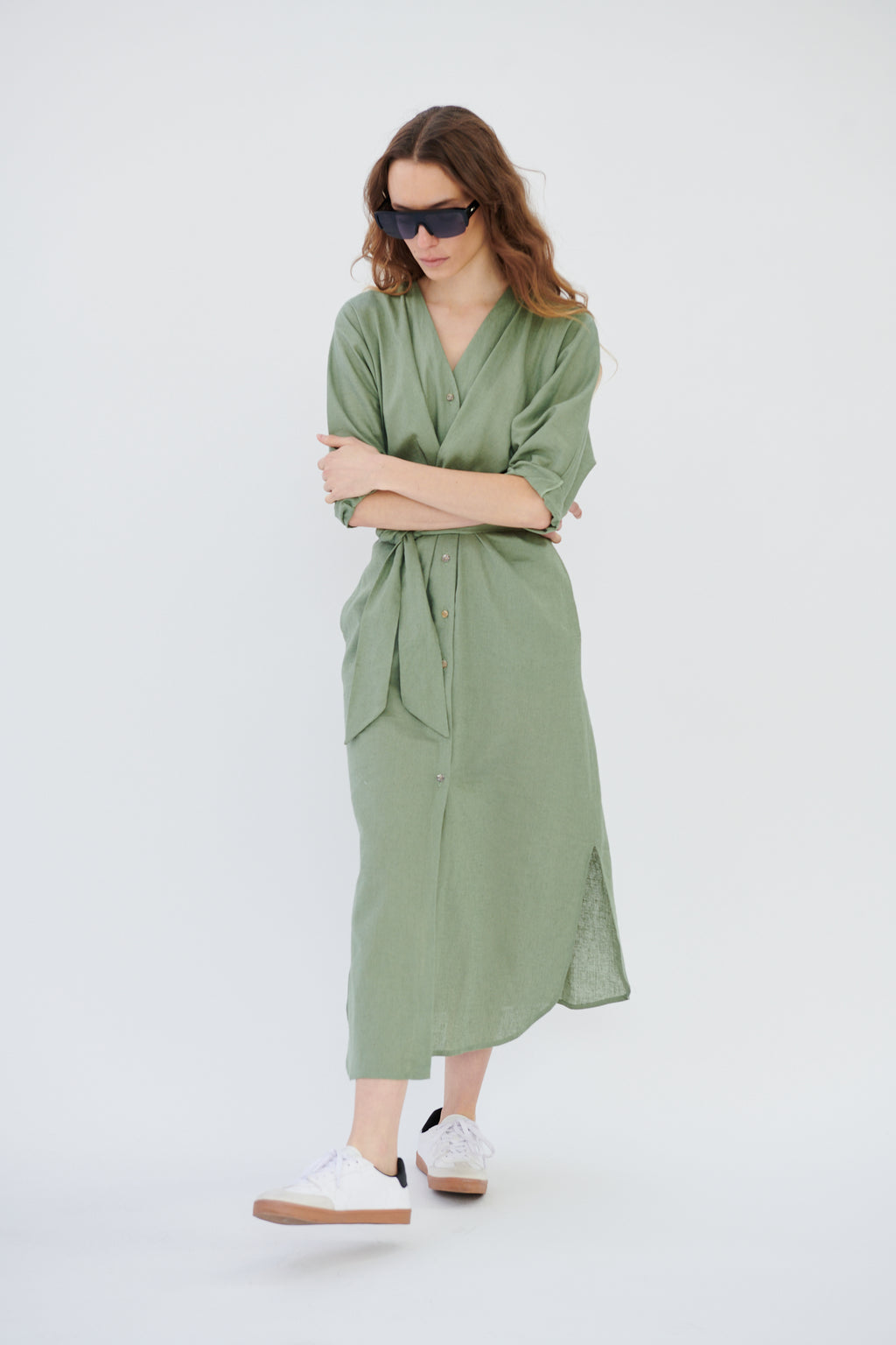 Vestido Louvre Lino Rústico Verde Salvia