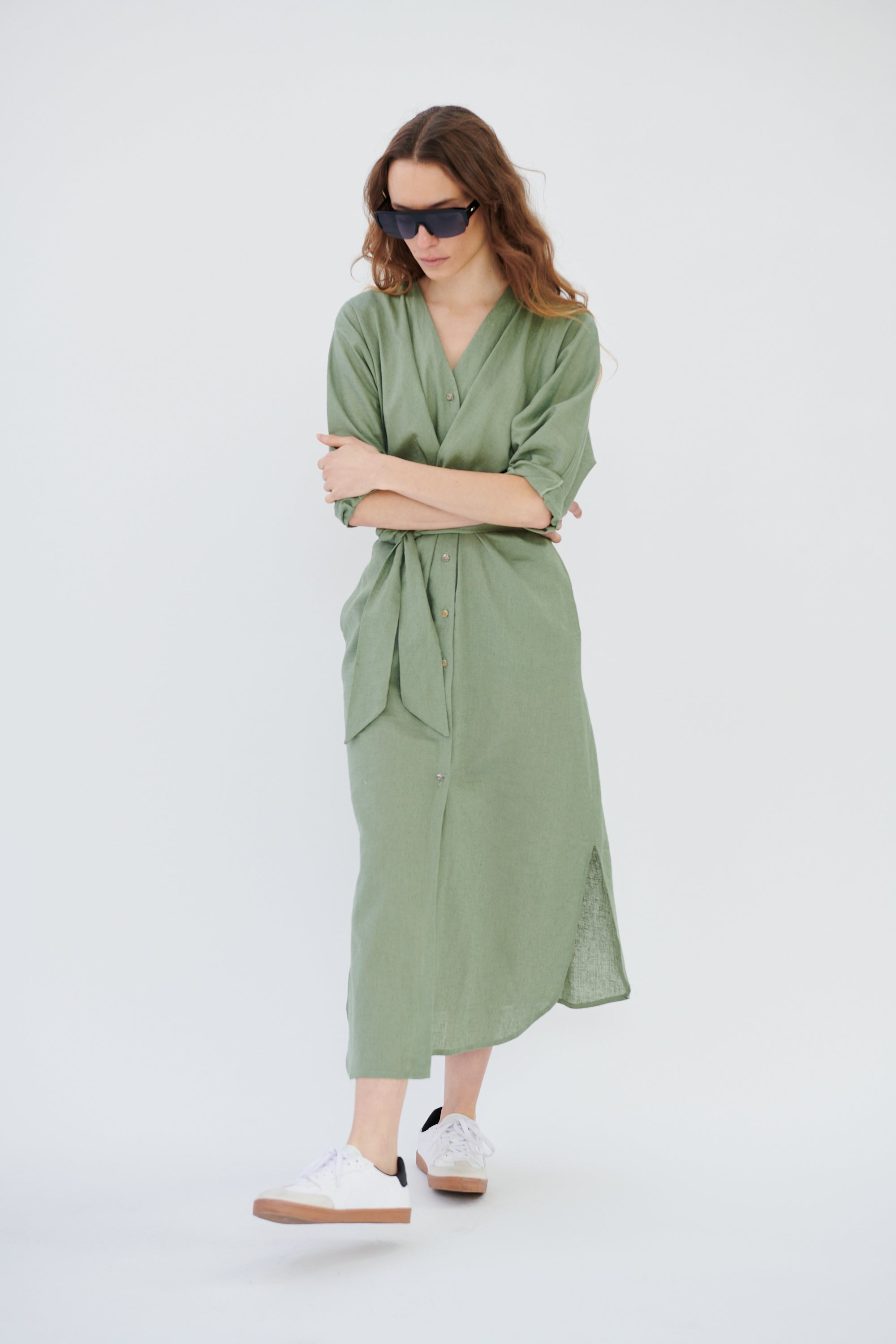 Vestido Louvre Lino Rústico Verde Salvia