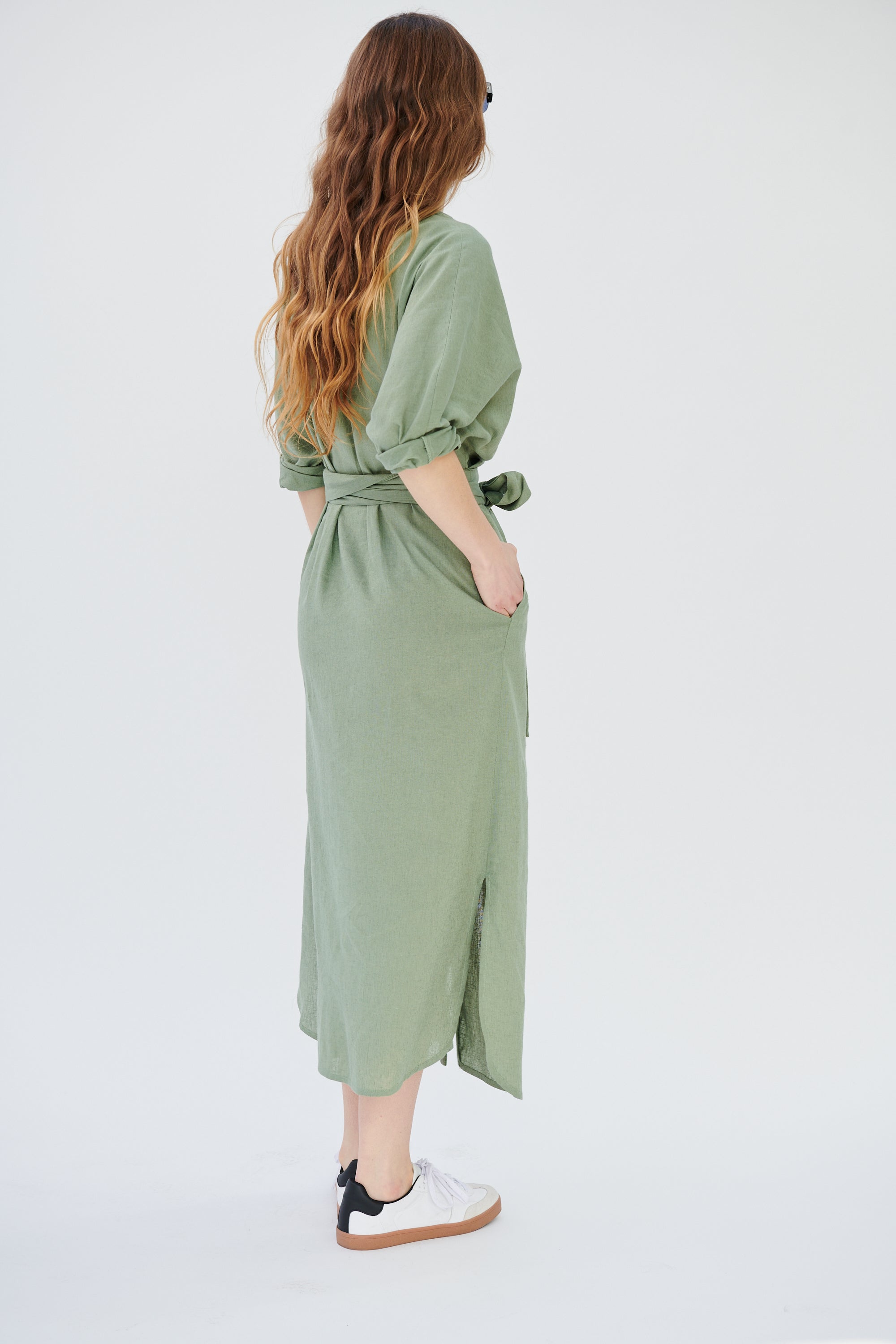 Vestido Louvre Lino Rústico Verde Salvia