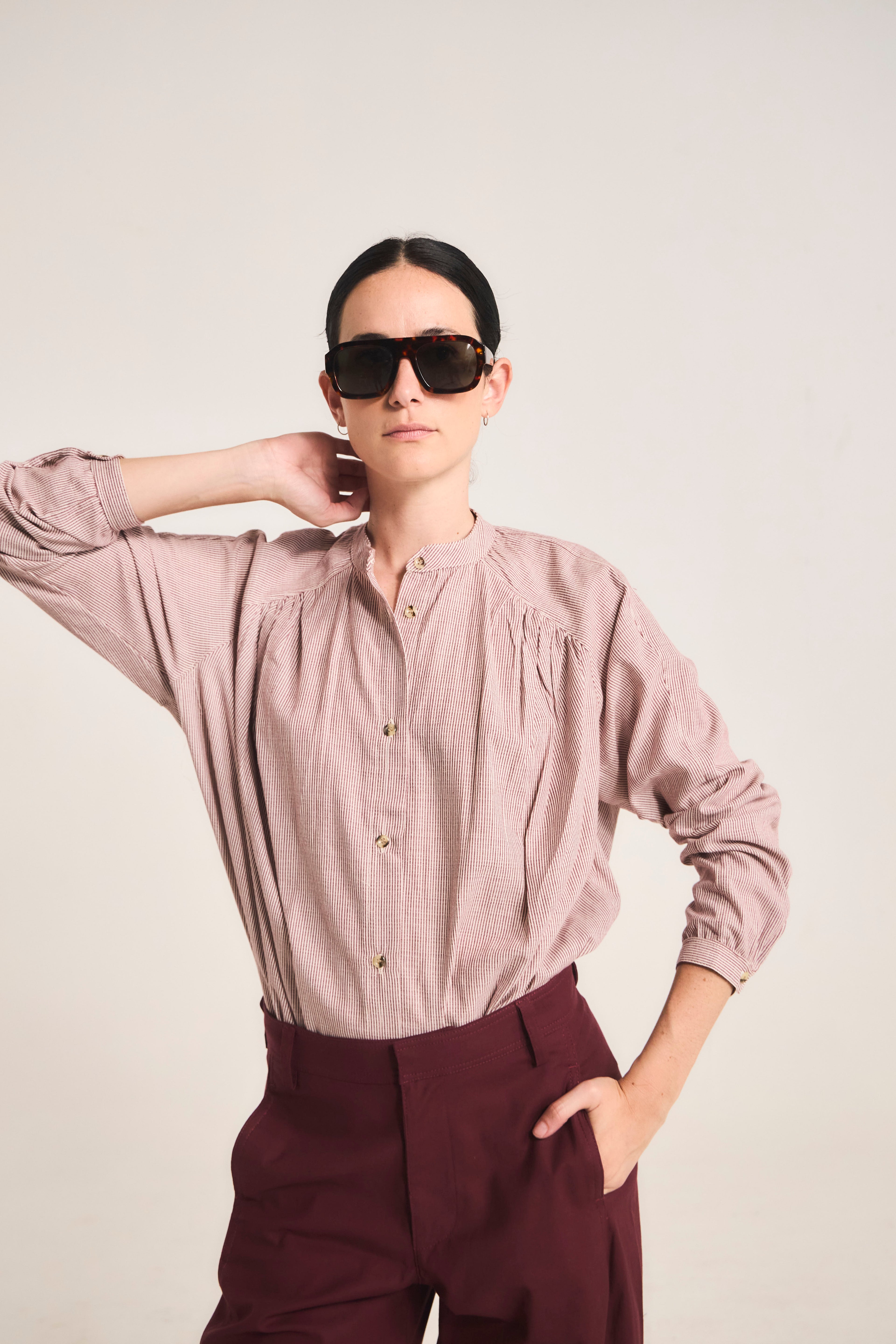 Burgundy Striped Tresor 100% Cotton Blouse